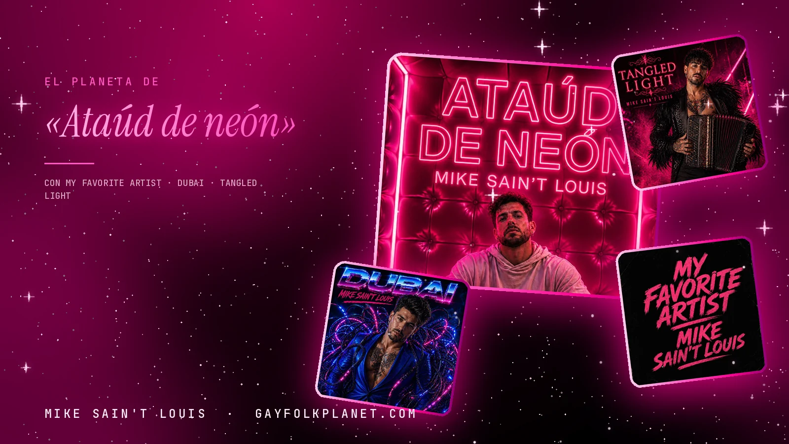 Collage con un detalle de la carátula de «Ataúd de neón» y las carátulas de «My Favorite Artist», «Dubai», «Tangled Light»
