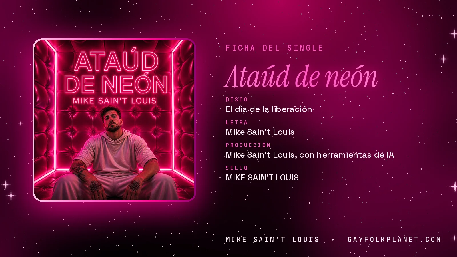 Ficha de la canción «Ataúd de neón» con su carátula: disco «El día de la liberación», letra y producción de Mike Sain't Louis