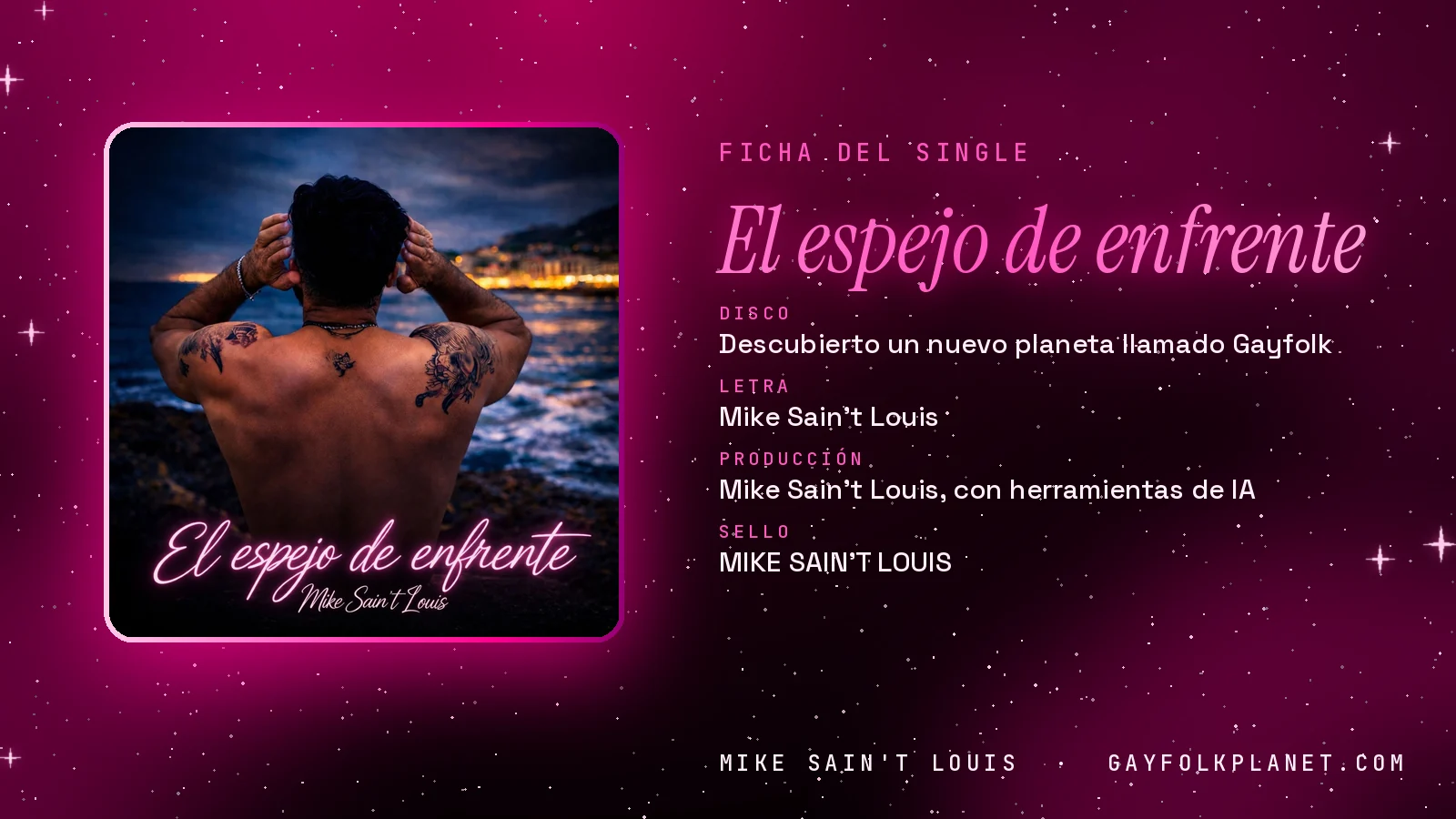Ficha de la canción «El espejo de enfrente» con su carátula: disco «Descubierto un nuevo planeta llamado Gayfolk», letra y producción de Mike Sain't Louis