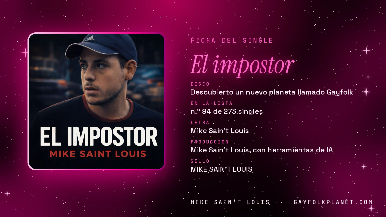 Ficha de la canción «El impostor» con su carátula: disco «Descubierto un nuevo planeta llamado Gayfolk», letra y producción de Mike Sain't Louis