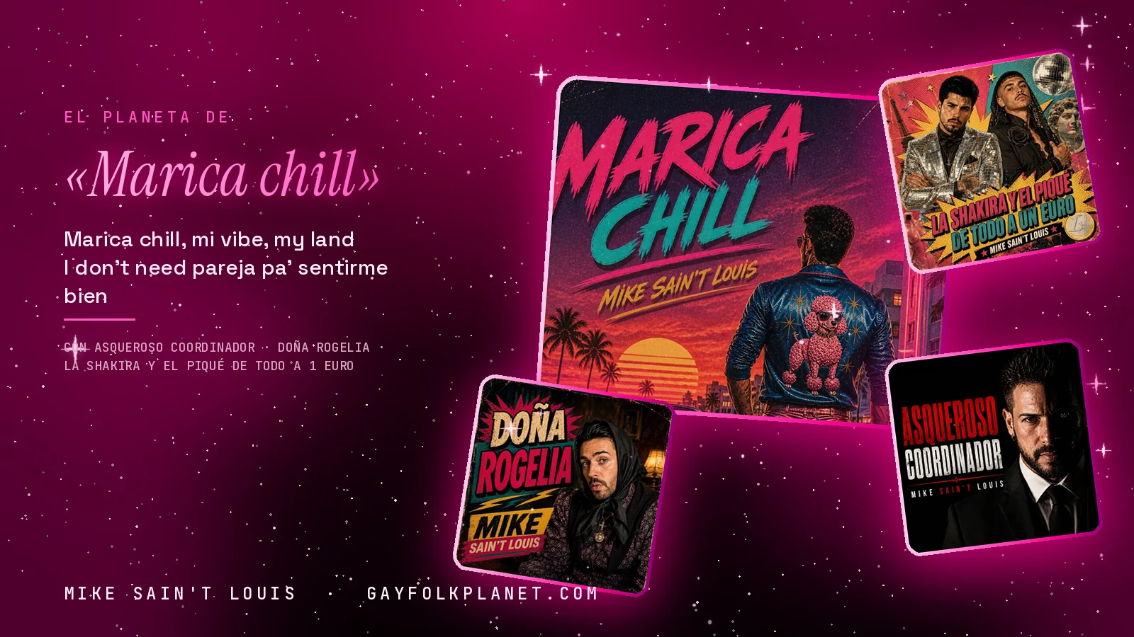 Collage con un detalle de la carátula de «Marica chill» y las carátulas de «Asqueroso coordinador», «Doña Rogelia», «La shakira y el piqué de todo a 1 euro»