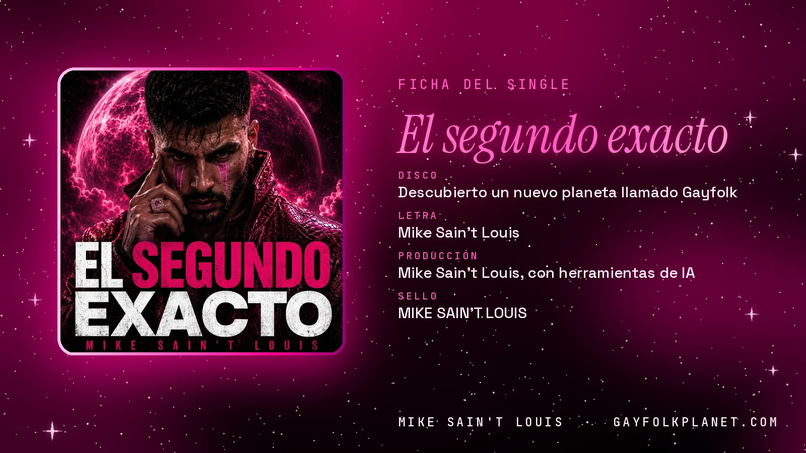 Ficha de la canción «El segundo exacto» con su carátula: disco «Descubierto un nuevo planeta llamado Gayfolk», letra y producción de Mike Sain't Louis