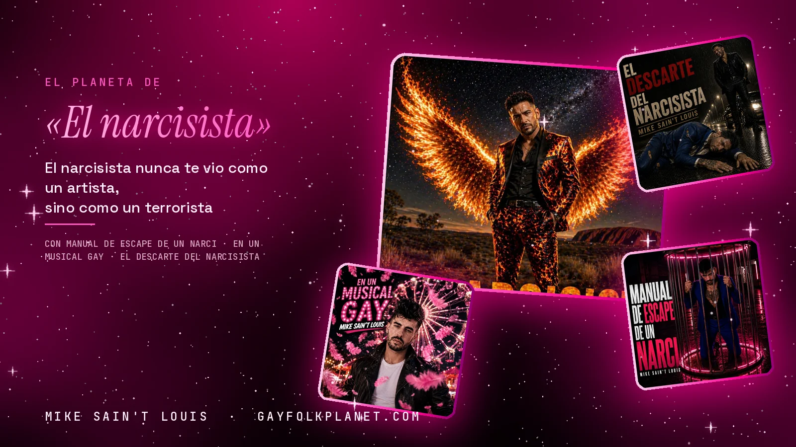 Collage con un detalle de la carátula de «El narcisista» y las carátulas de «Manual de escape de un narci», «En un musical gay», «El Descarte del Narcisista»