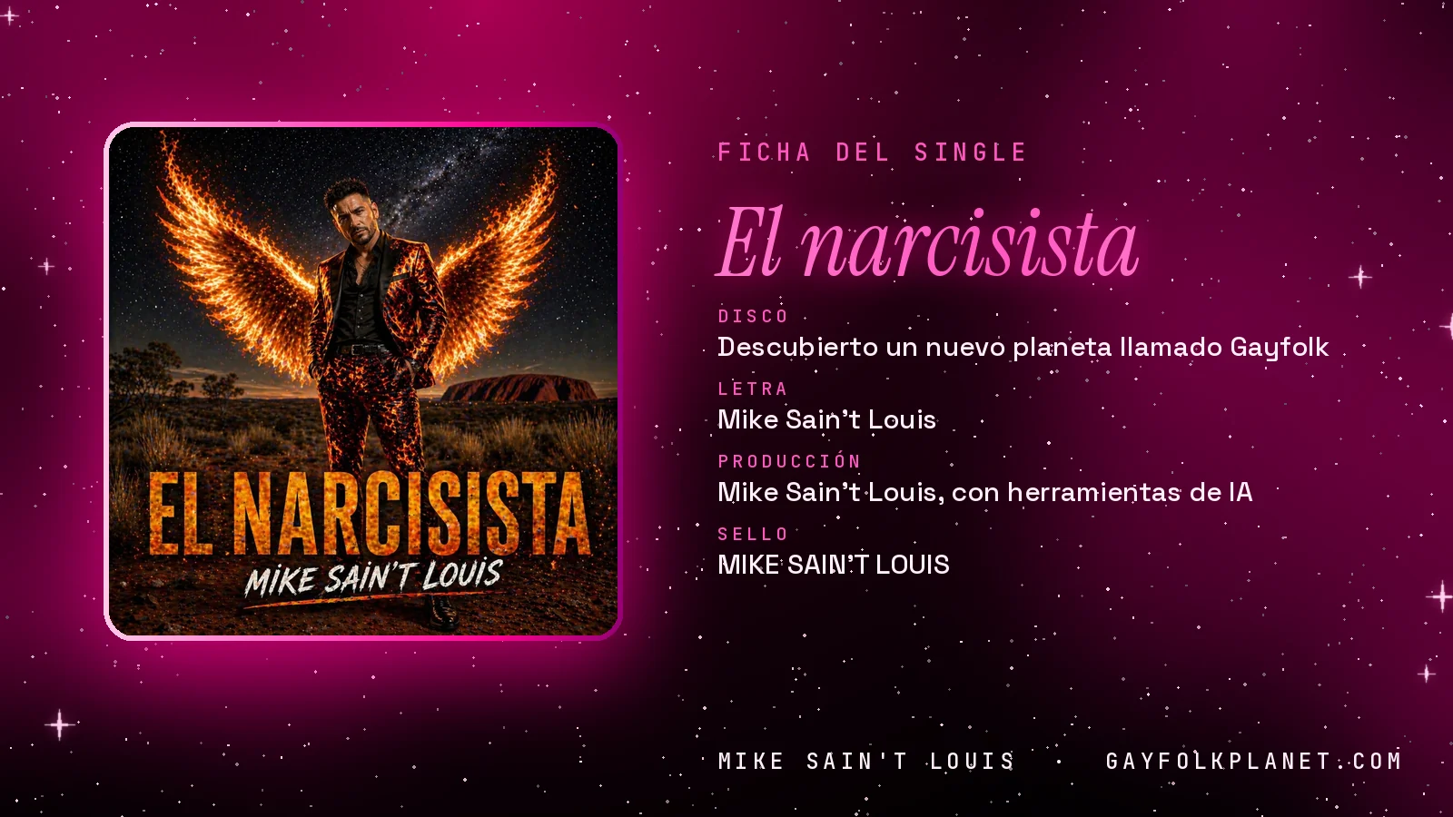 Ficha de la canción «El narcisista» con su carátula: disco «Descubierto un nuevo planeta llamado Gayfolk», letra y producción de Mike Sain't Louis