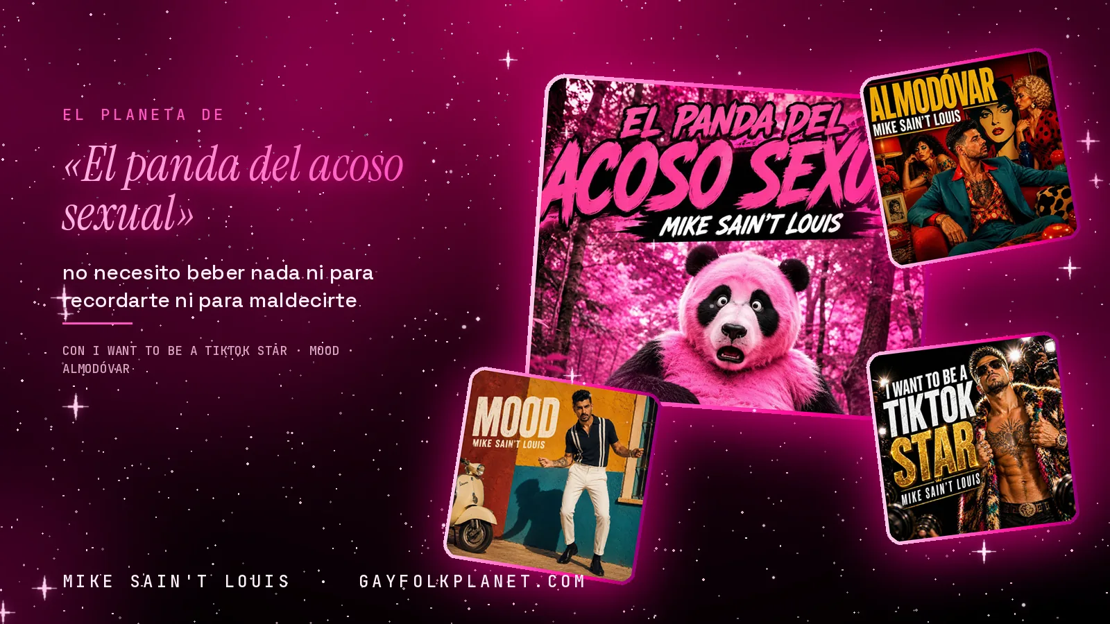 Collage con un detalle de la carátula de «El panda del acoso sexual» y las carátulas de «I Want to Be a Tiktok Star», «Mood», «Almodóvar»