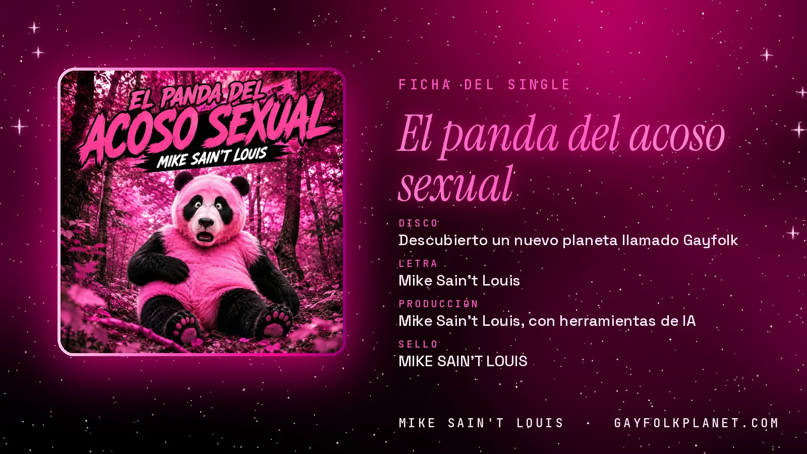 Ficha de la canción «El panda del acoso sexual» con su carátula: disco «Descubierto un nuevo planeta llamado Gayfolk», letra y producción de Mike Sain't Louis
