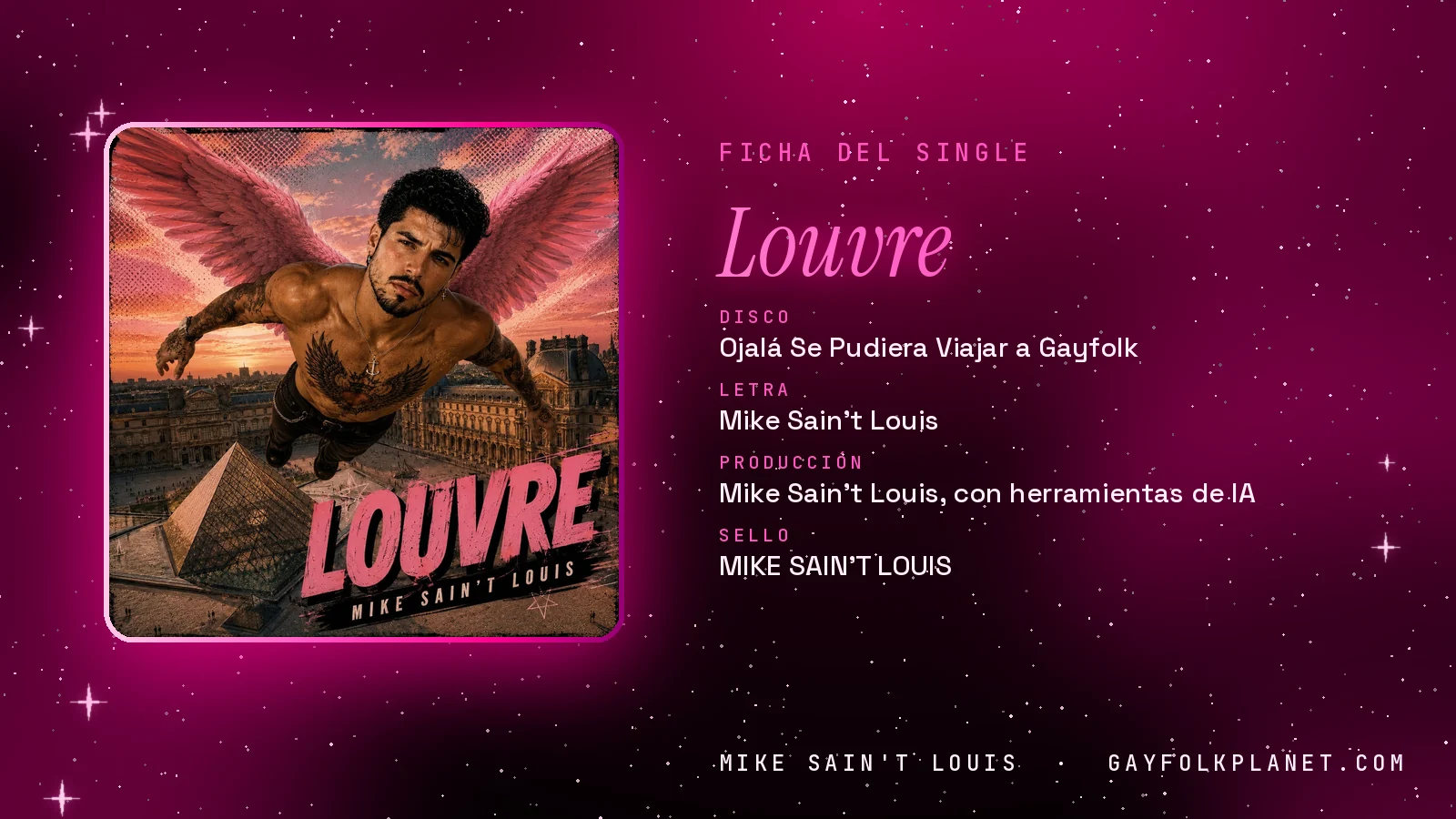 Ficha de la canción «Louvre» con su carátula: disco «Ojalá Se Pudiera Viajar a Gayfolk», letra y producción de Mike Sain't Louis