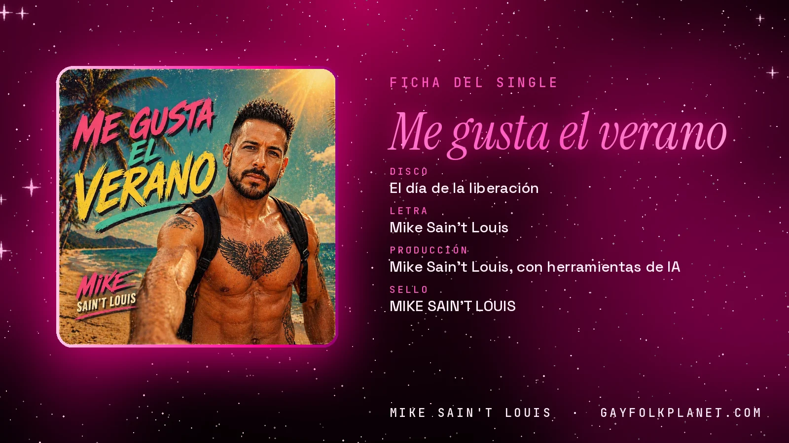 Ficha de la canción «Me gusta el verano» con su carátula: disco «El día de la liberación», letra y producción de Mike Sain't Louis