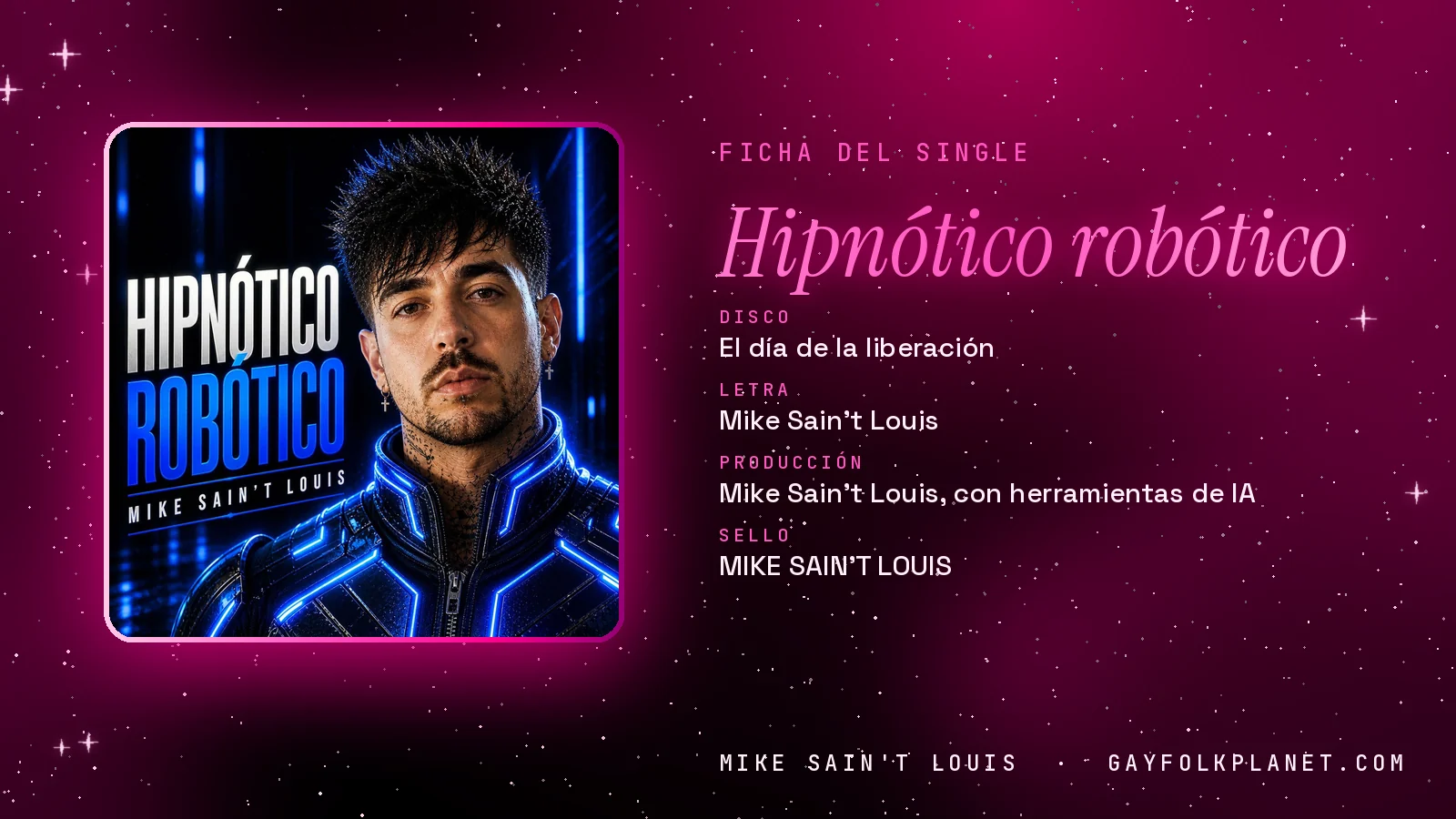 Ficha de la canción «Hipnótico robótico» con su carátula: disco «El día de la liberación», letra y producción de Mike Sain't Louis