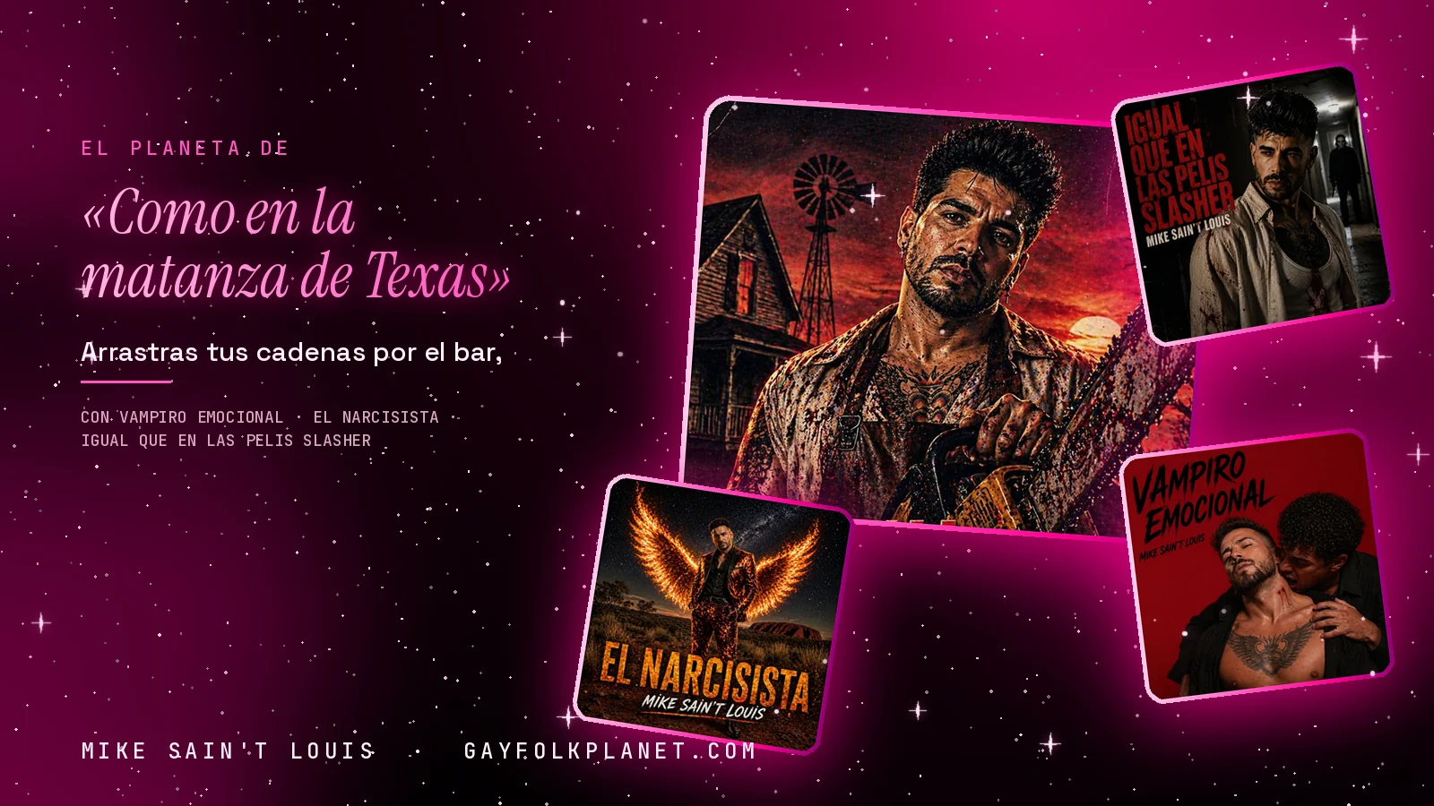 Collage con un detalle de la carátula de «Como en la matanza de Texas» y las carátulas de «Vampiro emocional», «El narcisista», «Igual que en las pelis slasher»
