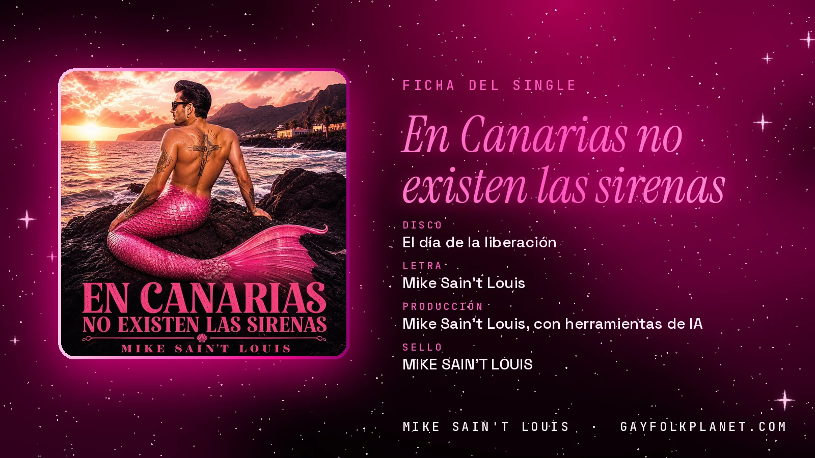 Ficha de la canción «En Canarias no existen las sirenas» con su carátula: disco «El día de la liberación», letra y producción de Mike Sain't Louis