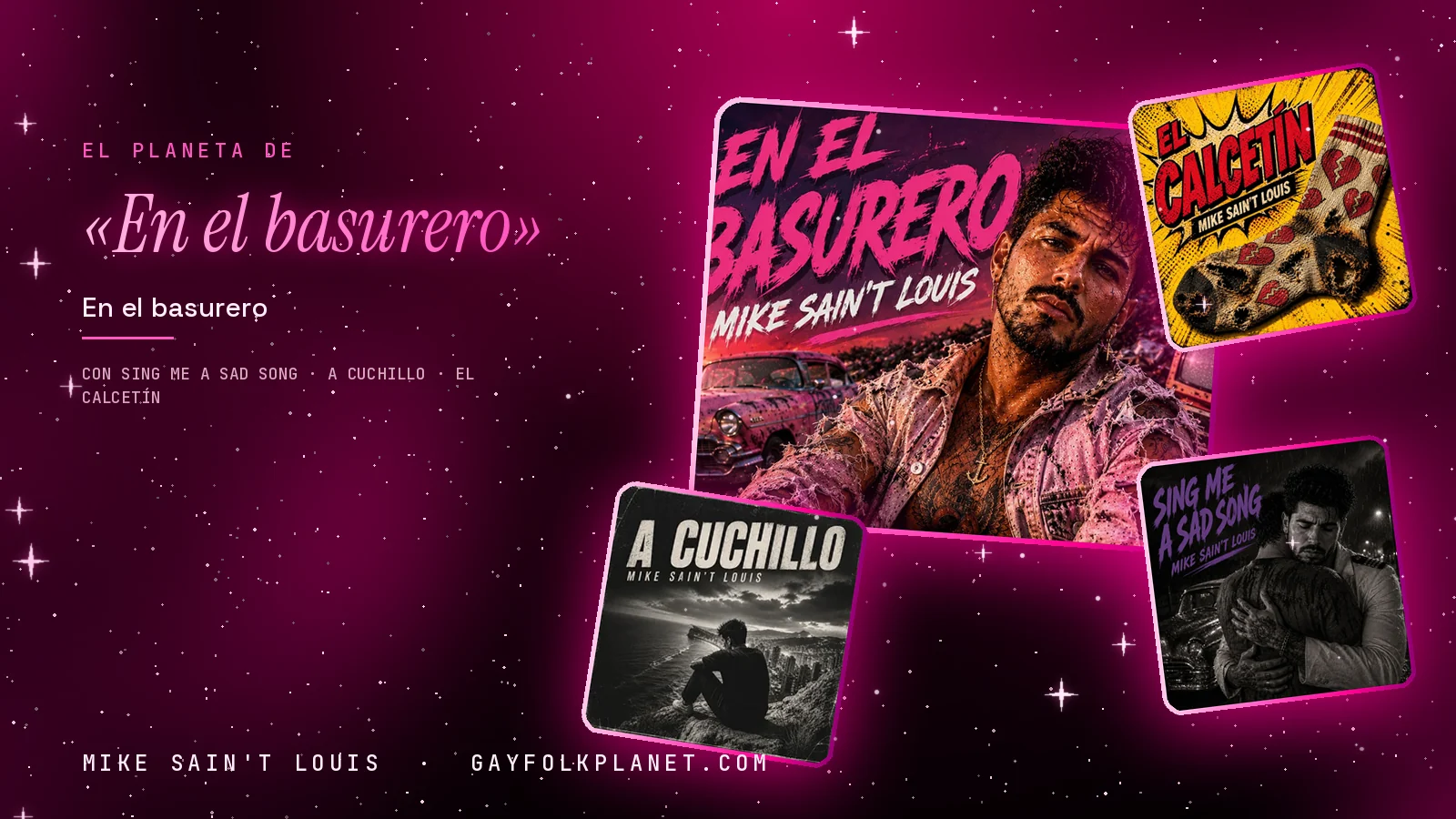 Collage con un detalle de la carátula de «En el basurero» y las carátulas de «Sing Me a Sad Song», «A Cuchillo», «El calcetín»