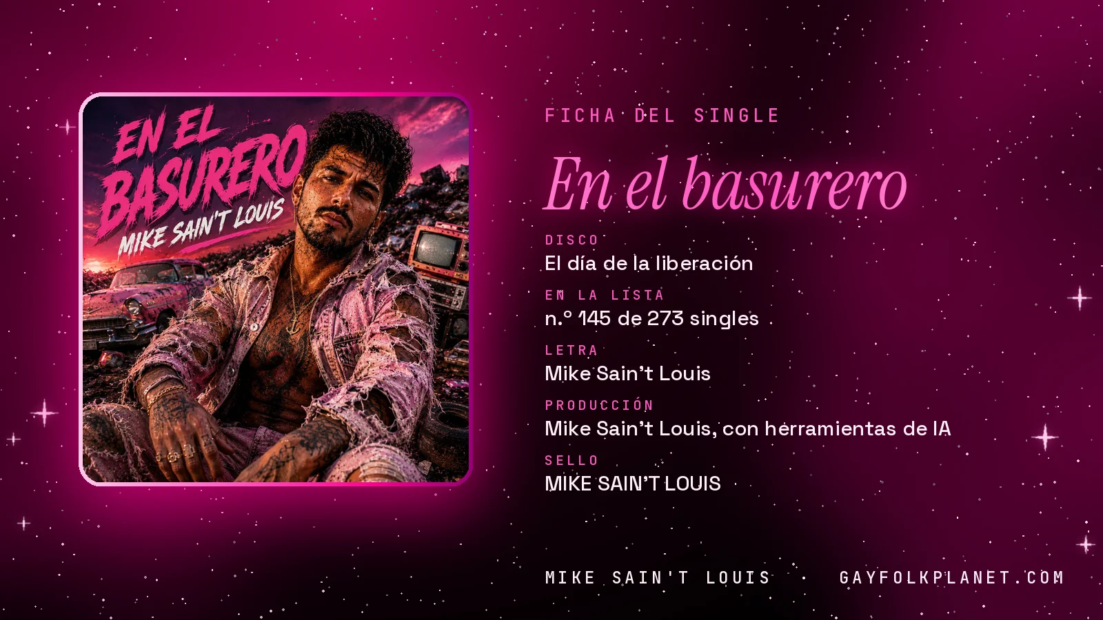 Ficha de la canción «En el basurero» con su carátula: disco «El día de la liberación», letra y producción de Mike Sain't Louis