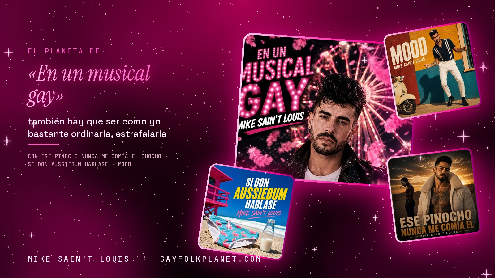 Collage con un detalle de la carátula de «En un musical gay» y las carátulas de «Ese Pinocho nunca me comía el chocho», «Si Don Aussiebum hablase», «Mood»