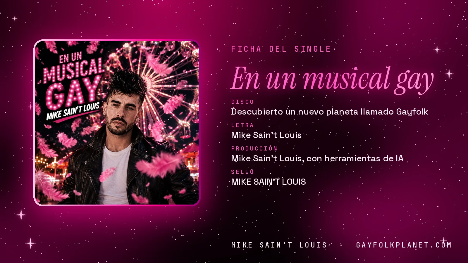 Ficha de la canción «En un musical gay» con su carátula: disco «Descubierto un nuevo planeta llamado Gayfolk», letra y producción de Mike Sain't Louis
