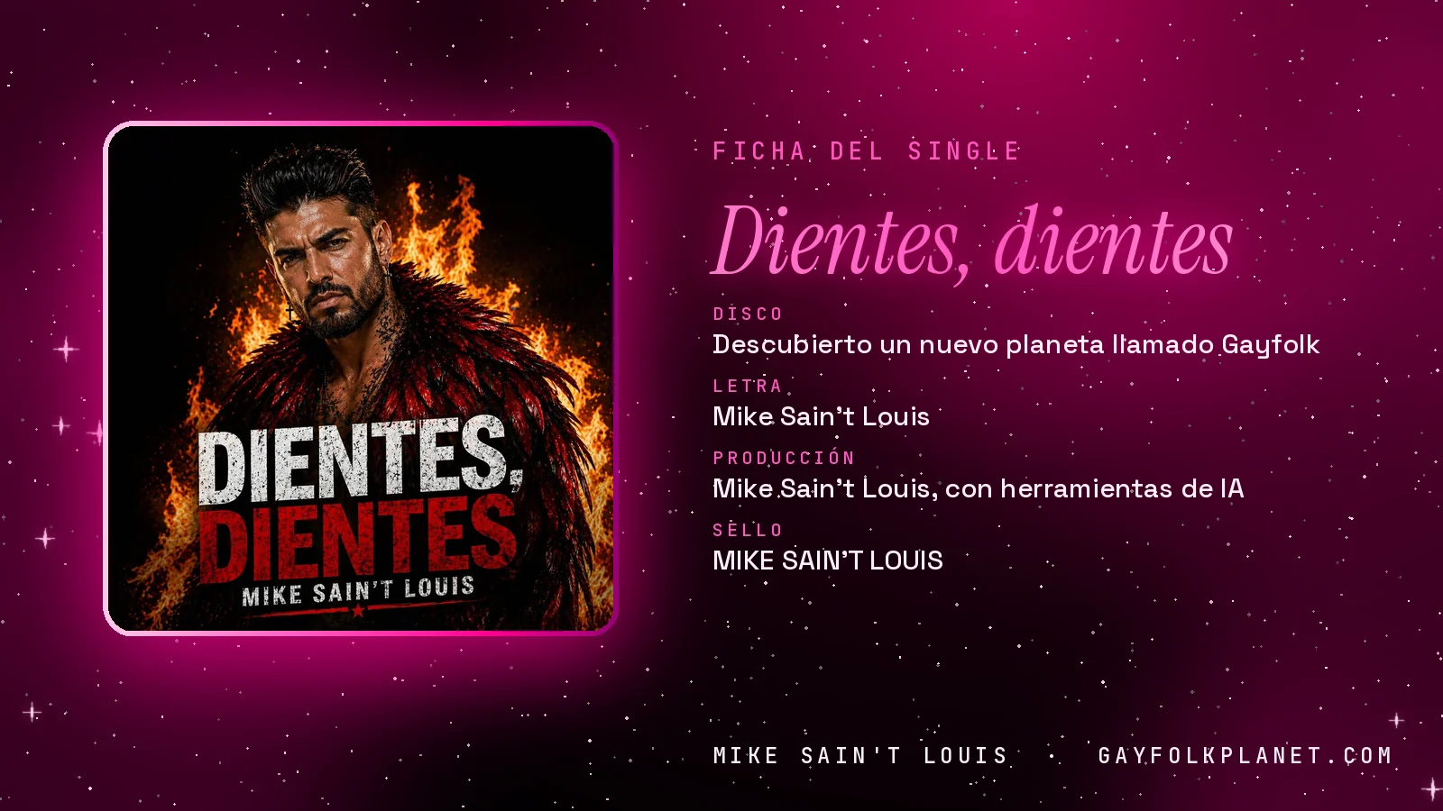 Ficha de la canción «Dientes, dientes» con su carátula: disco «Descubierto un nuevo planeta llamado Gayfolk», letra y producción de Mike Sain't Louis