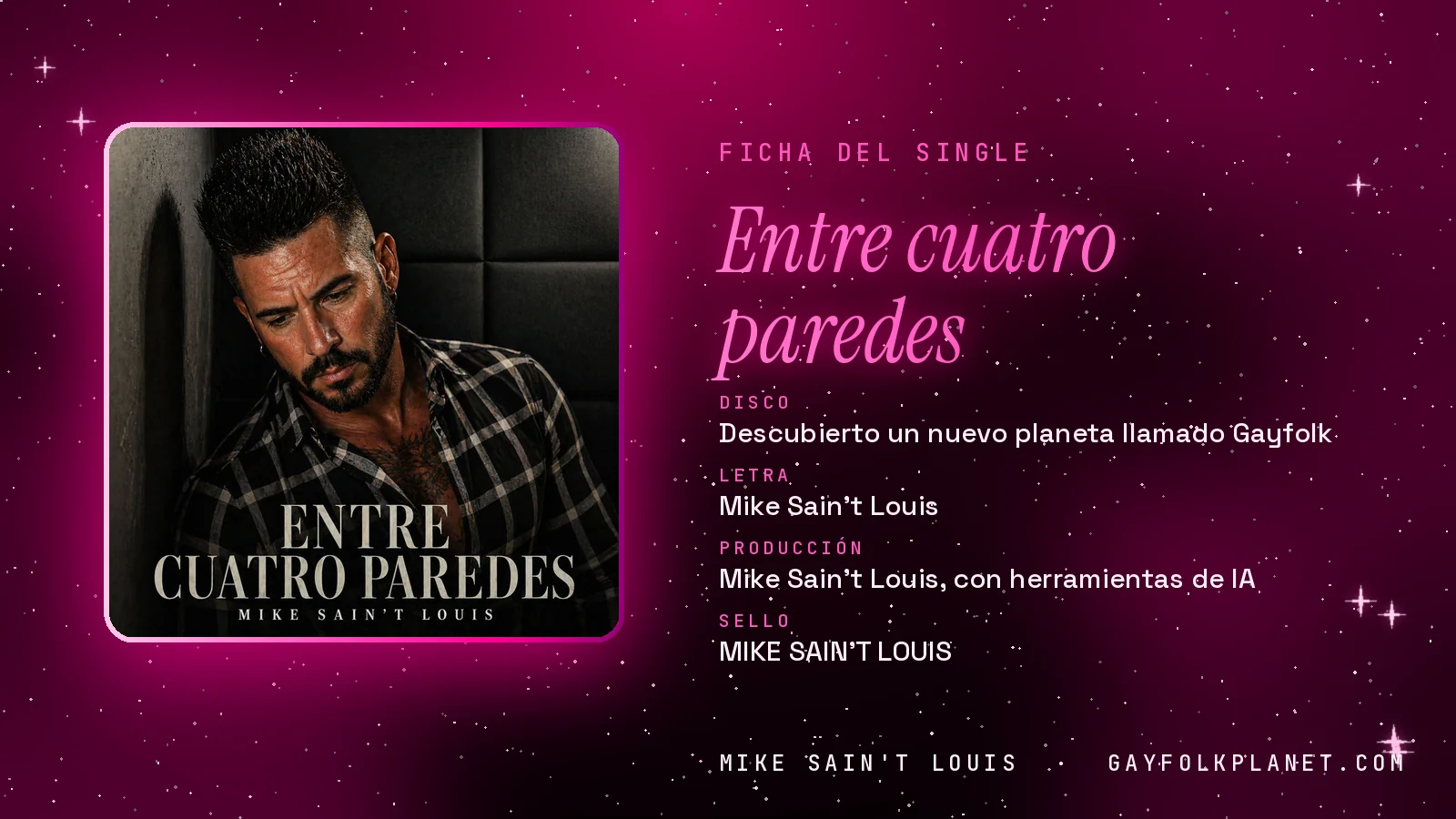 Ficha de la canción «Entre cuatro paredes» con su carátula: disco «Descubierto un nuevo planeta llamado Gayfolk», letra y producción de Mike Sain't Louis