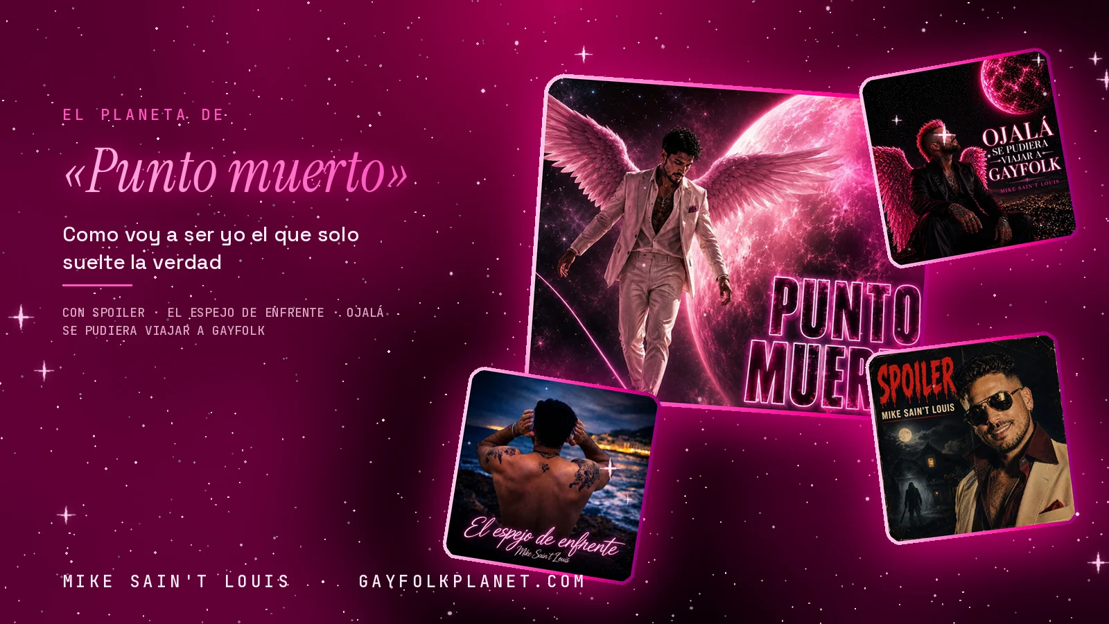 Collage con un detalle de la carátula de «Punto muerto» y las carátulas de «Spoiler», «El espejo de enfrente», «Ojalá se pudiera viajar a Gayfolk»