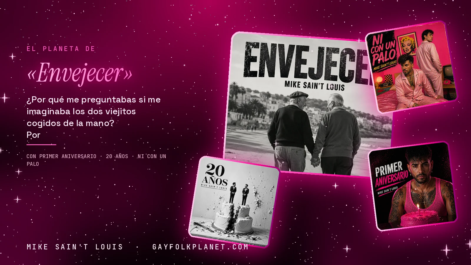 Collage con un detalle de la carátula de «Envejecer» y las carátulas de «Primer aniversario», «20 años», «Ni con un palo»