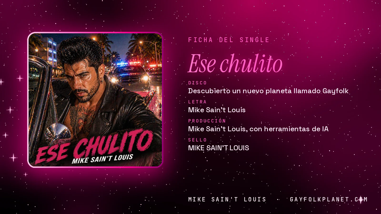 Ficha de la canción «Ese chulito» con su carátula: disco «Descubierto un nuevo planeta llamado Gayfolk», letra y producción de Mike Sain't Louis