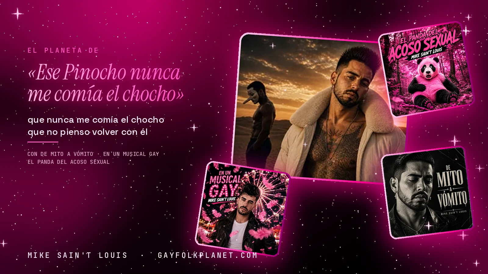 Collage con un detalle de la carátula de «Ese Pinocho nunca me comía el chocho» y las carátulas de «De mito a vómito», «En un musical gay», «El panda del acoso sexual»