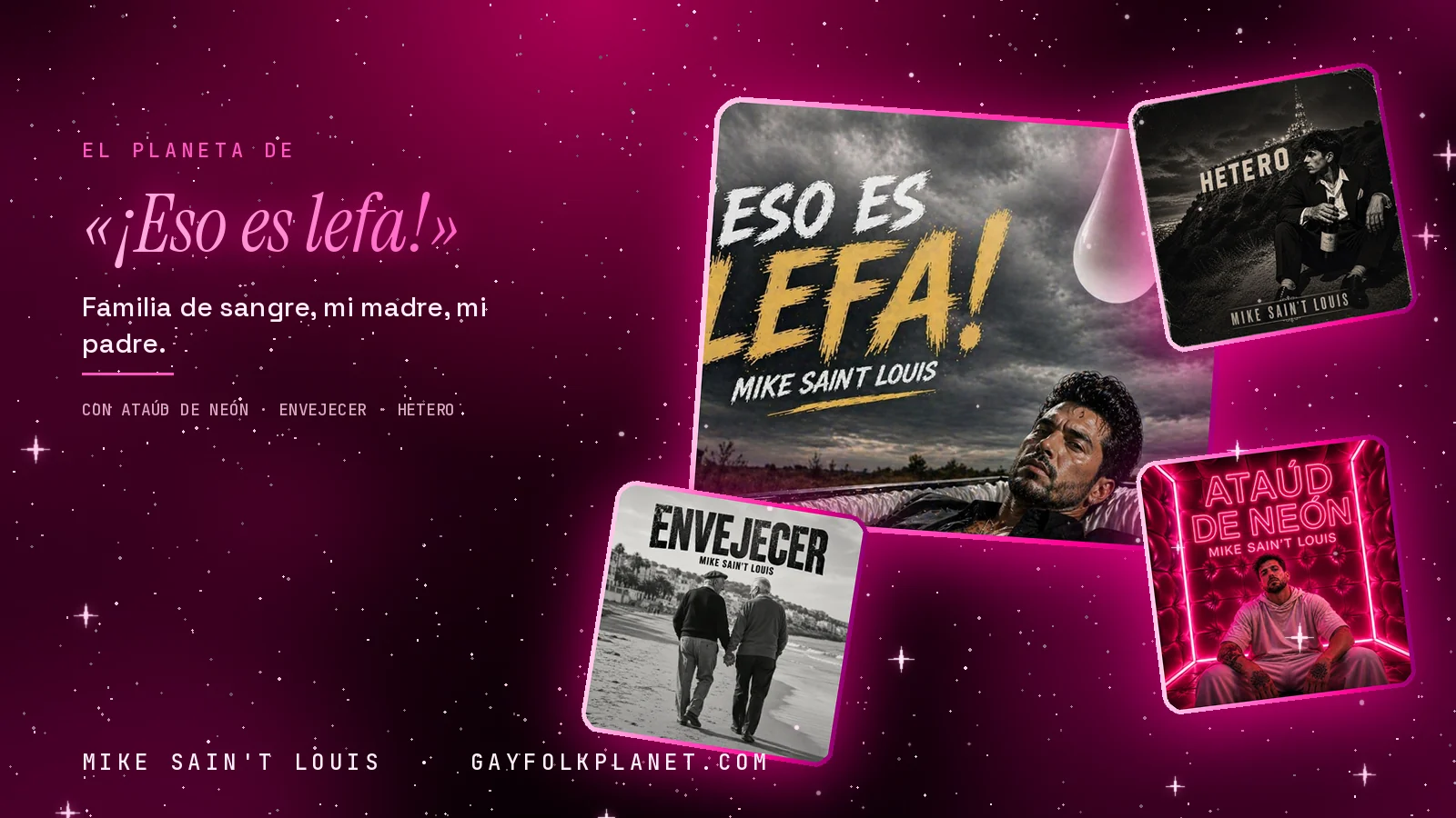 Collage con un detalle de la carátula de «¡Eso es lefa!» y las carátulas de «Ataúd de neón», «Envejecer», «Hetero»