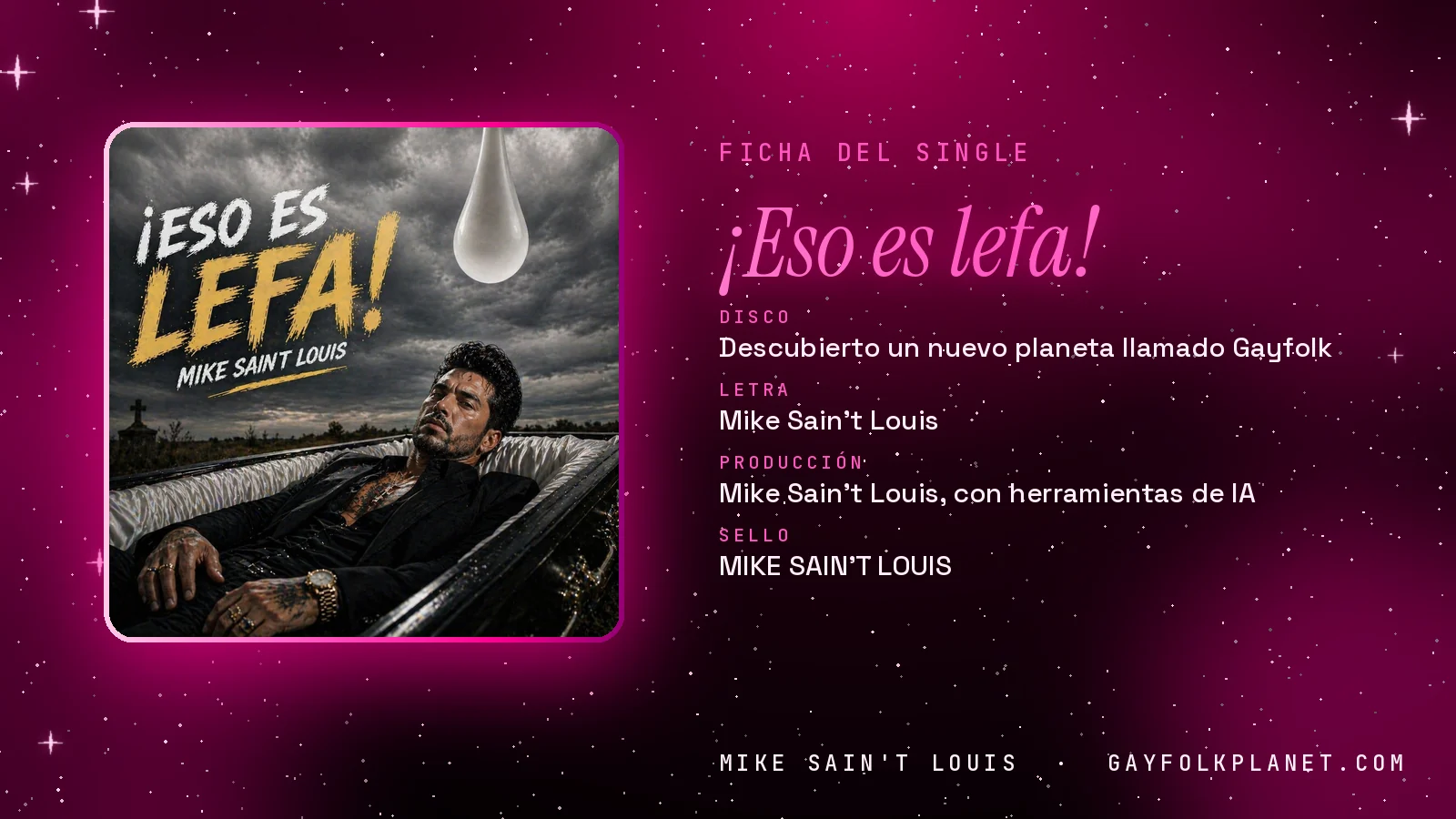 Ficha de la canción «¡Eso es lefa!» con su carátula: disco «Descubierto un nuevo planeta llamado Gayfolk», letra y producción de Mike Sain't Louis
