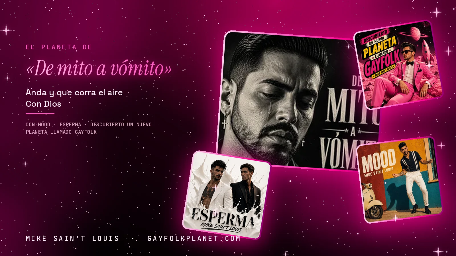 Collage con un detalle de la carátula de «De mito a vómito» y las carátulas de «Mood», «Esperma», «Descubierto un nuevo planeta llamado Gayfolk»