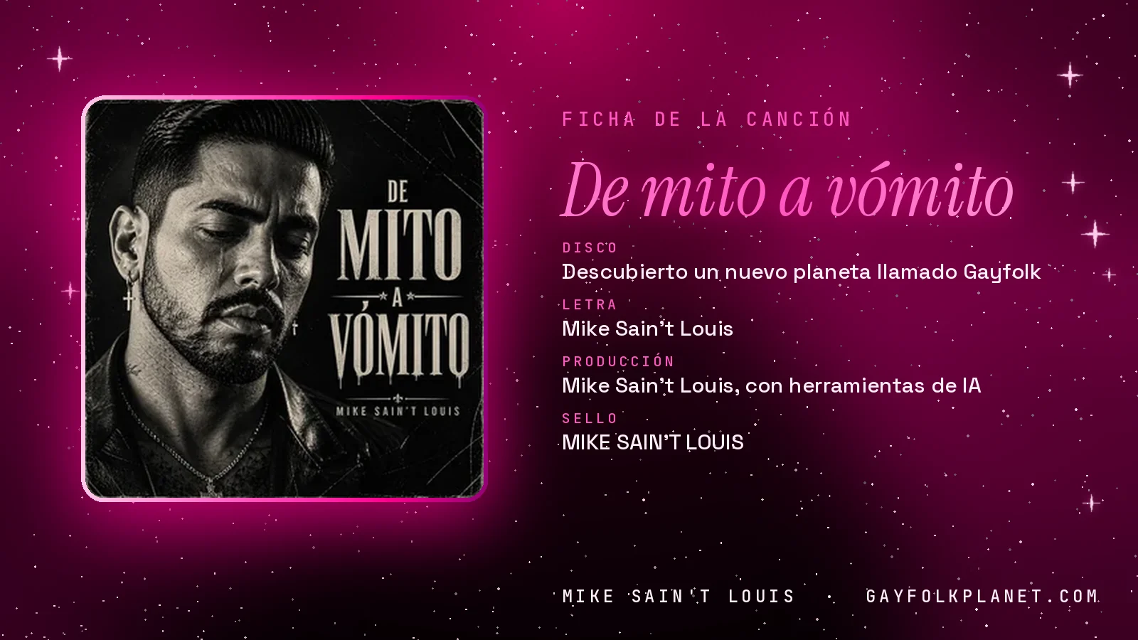 Ficha de la canción «De mito a vómito» con su carátula: disco «Descubierto un nuevo planeta llamado Gayfolk», letra y producción de Mike Sain't Louis