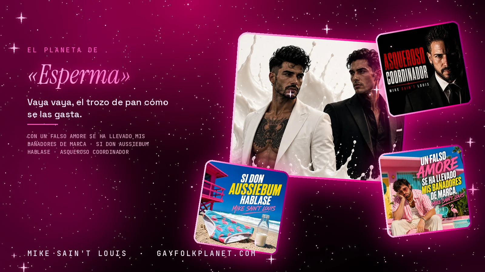 Collage con un detalle de la carátula de «Esperma» y las carátulas de «Un falso amore se ha llevado mis bañadores de marca», «Si Don Aussiebum hablase», «Asqueroso coordinador»