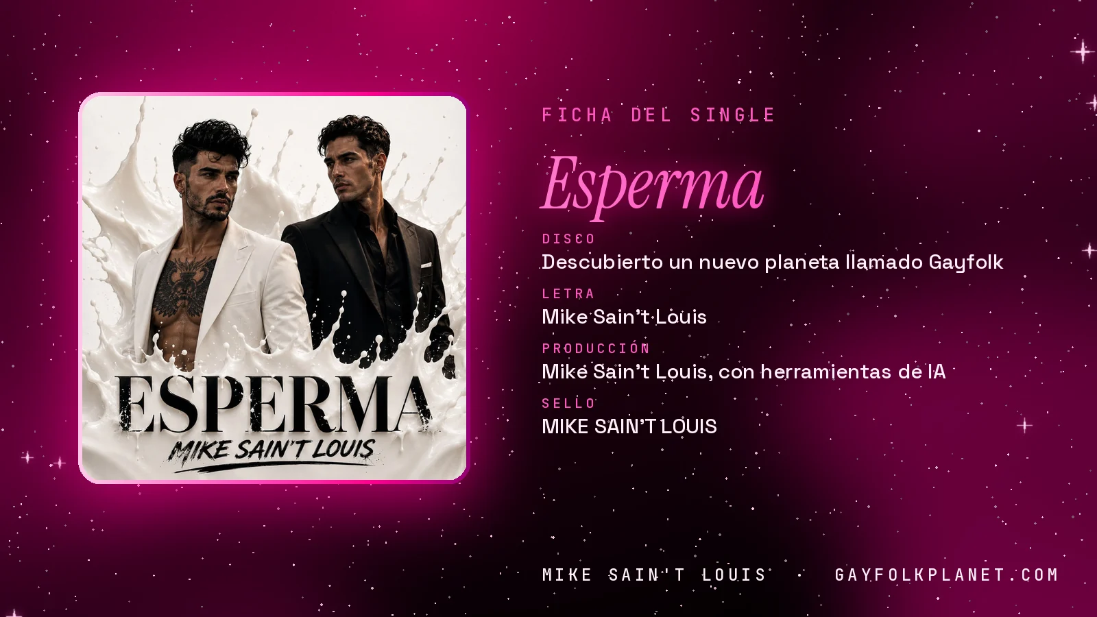 Ficha de la canción «Esperma» con su carátula: disco «Descubierto un nuevo planeta llamado Gayfolk», letra y producción de Mike Sain't Louis