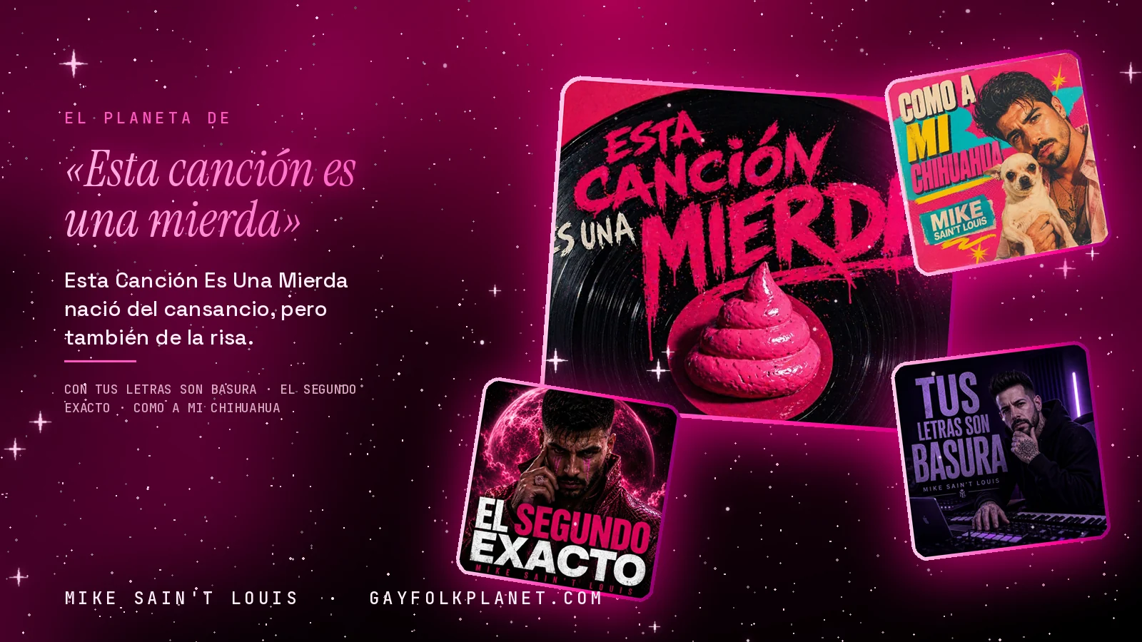 Collage con un detalle de la carátula de «Esta canción es una mierda» y las carátulas de «Tus letras son basura», «El segundo exacto», «Como a mi chihuahua»