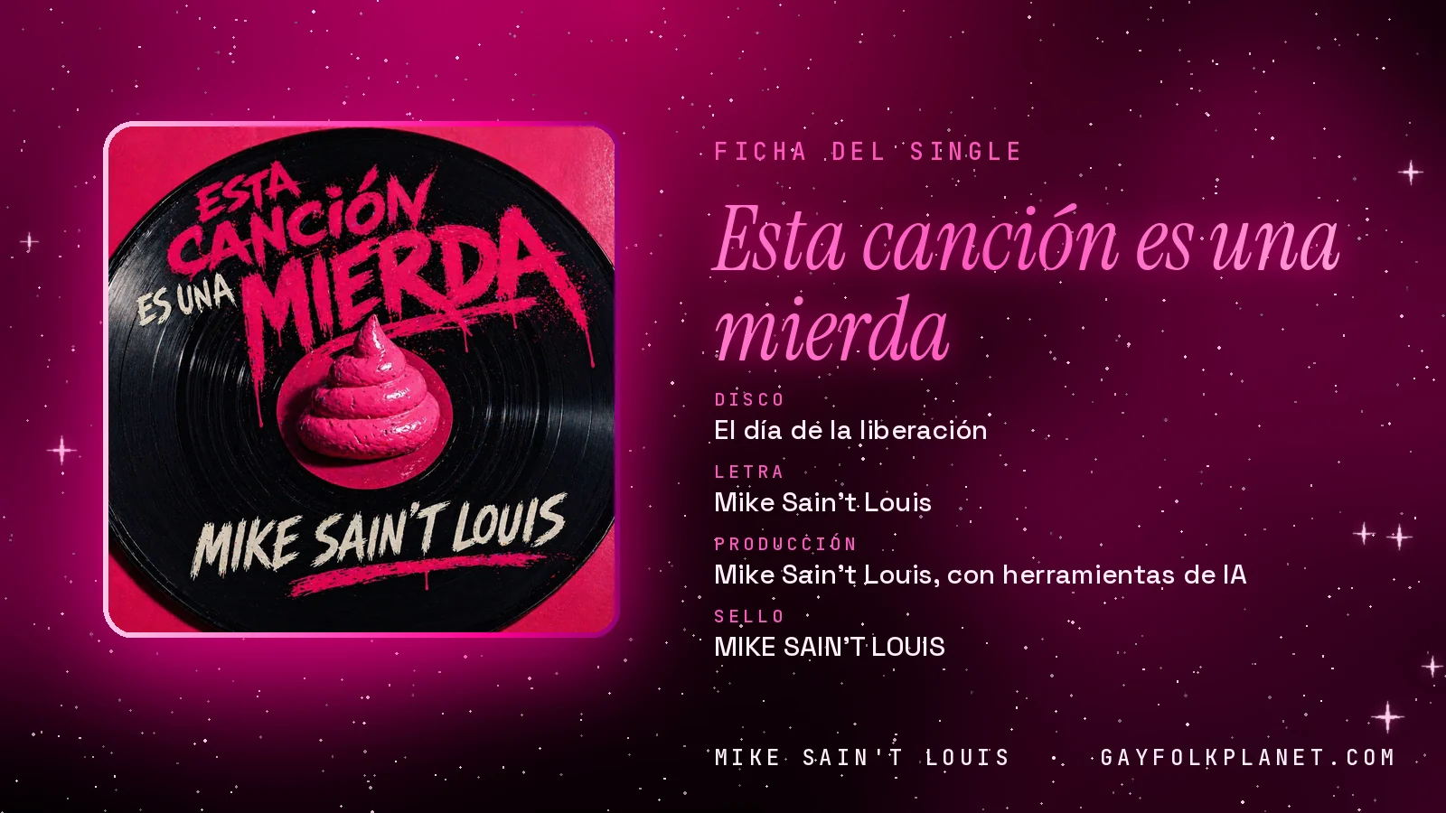 Ficha de la canción «Esta canción es una mierda» con su carátula: disco «El día de la liberación», letra y producción de Mike Sain't Louis