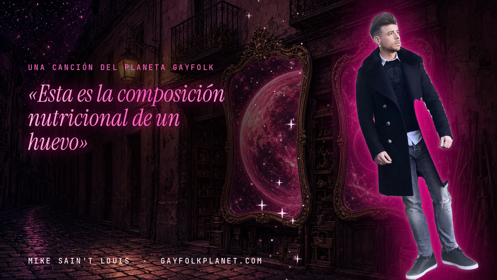 Mike Sain't Louis en un callejón nocturno con espejos de feria y un planeta magenta, junto al título «Esta es la composición nutricional de un huevo»