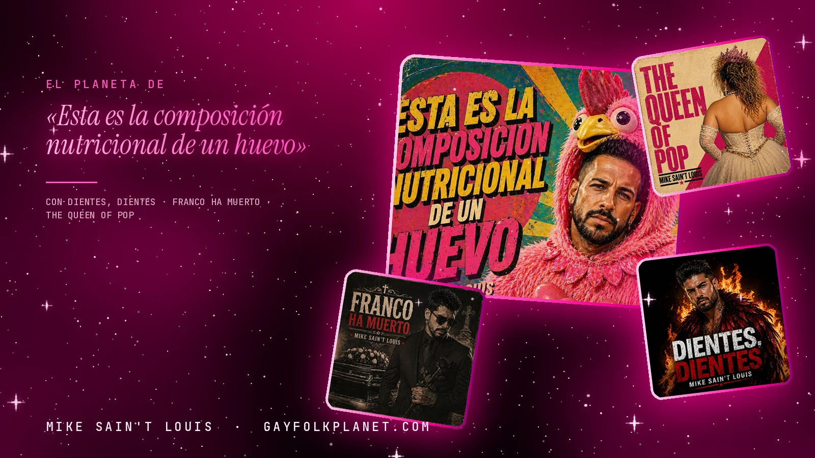Collage con un detalle de la carátula de «Esta es la composición nutricional de un huevo» y las carátulas de «Dientes, dientes», «Franco Ha Muerto», «The Queen of Pop»