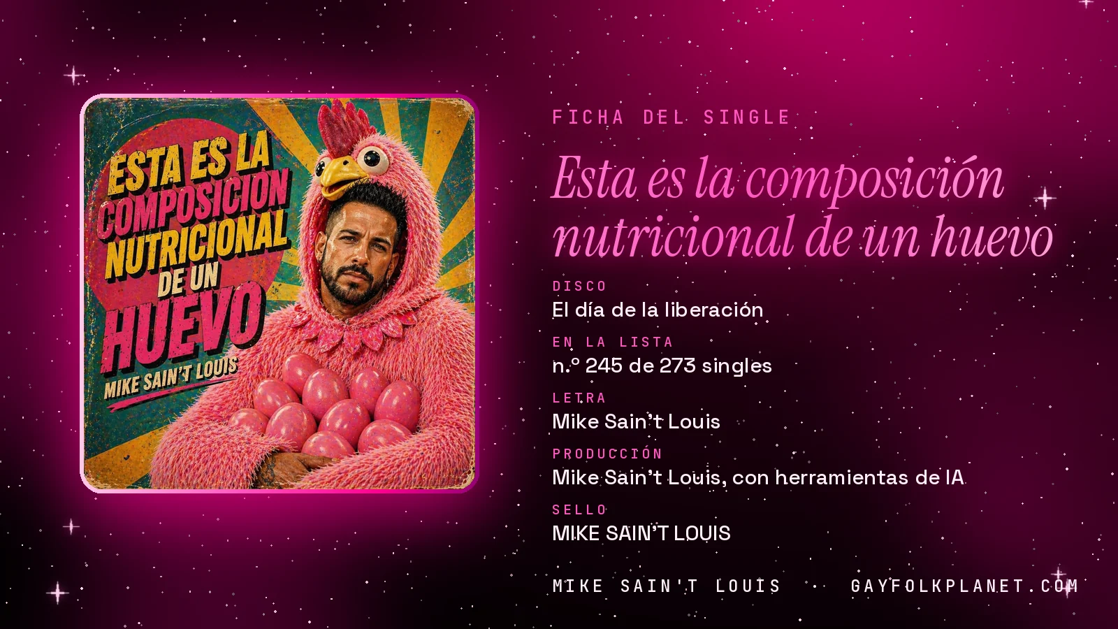 Ficha de la canción «Esta es la composición nutricional de un huevo» con su carátula: disco «El día de la liberación», letra y producción de Mike Sain't Louis