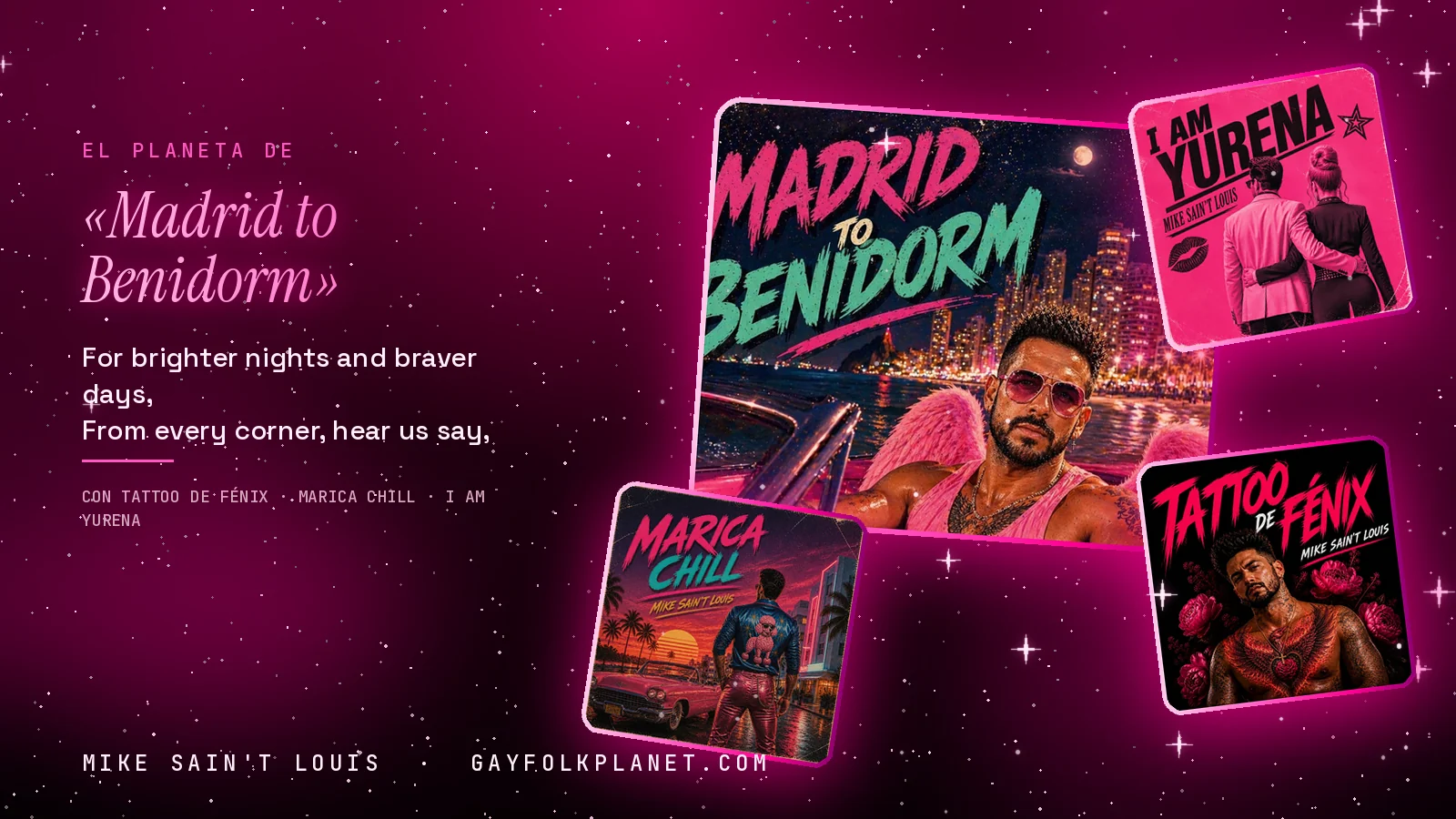Collage con un detalle de la carátula de «Madrid to Benidorm» y las carátulas de «Tattoo de fénix», «Marica chill», «I Am Yurena»