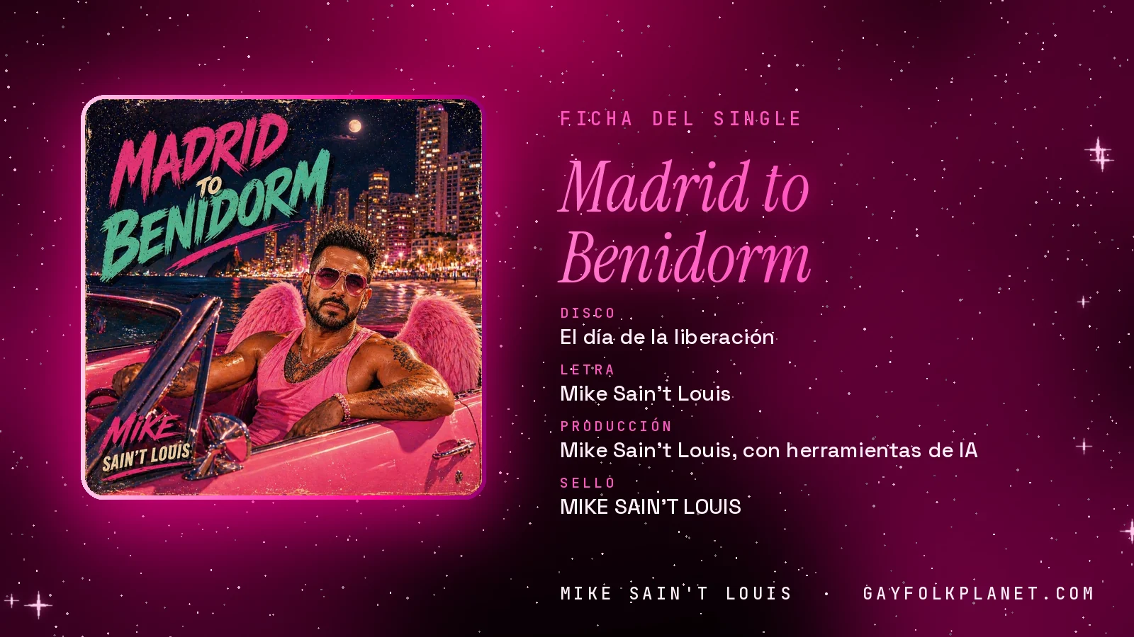 Ficha de la canción «Madrid to Benidorm» con su carátula: disco «El día de la liberación», letra y producción de Mike Sain't Louis