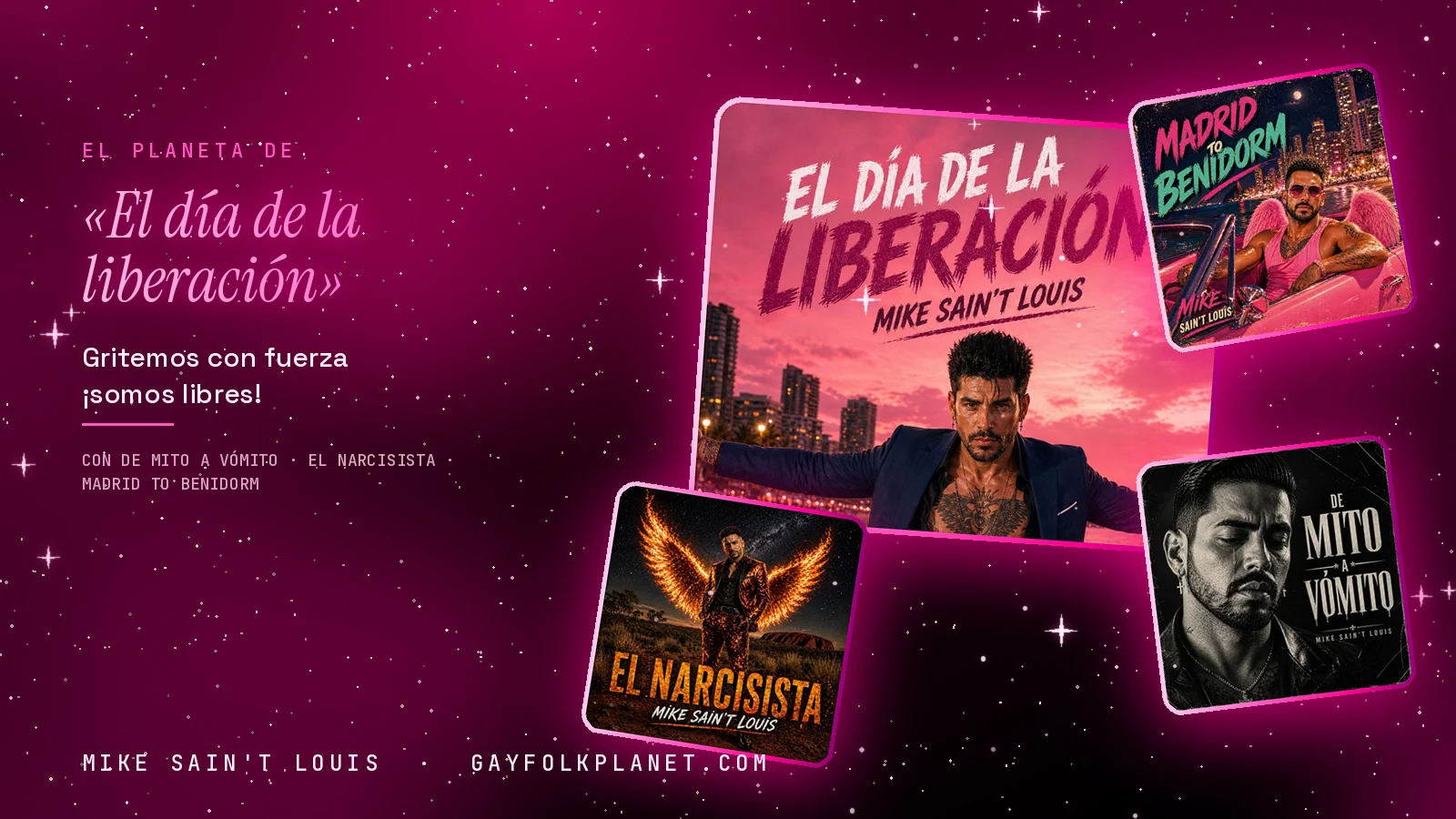 Collage con un detalle de la carátula de «El día de la liberación» y las carátulas de «De mito a vómito», «El narcisista», «Madrid to Benidorm»
