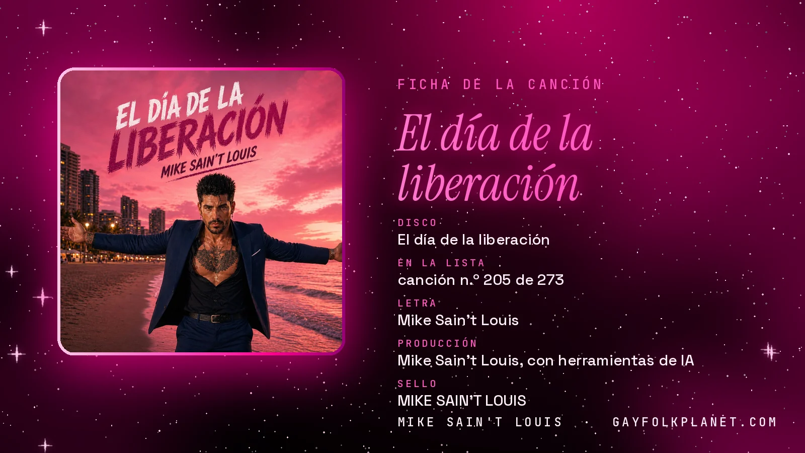 Ficha de la canción «El día de la liberación» con su carátula: disco «El día de la liberación», letra y producción de Mike Sain't Louis