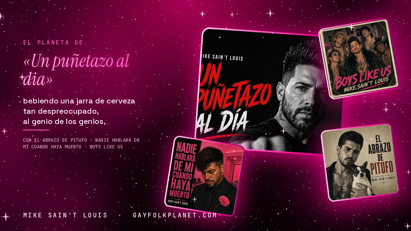 Collage con un detalle de la carátula de «Un puñetazo al dia» y las carátulas de «El Abrazo de Pitufo», «Nadie Hablará De Mí Cuando Haya Muerto», «Boys Like Us»