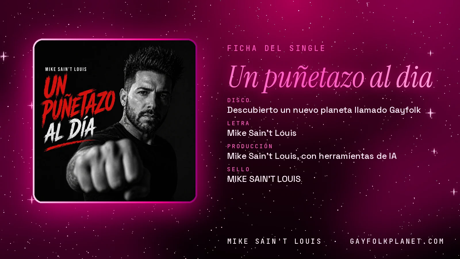 Ficha de la canción «Un puñetazo al dia» con su carátula: disco «Descubierto un nuevo planeta llamado Gayfolk», letra y producción de Mike Sain't Louis