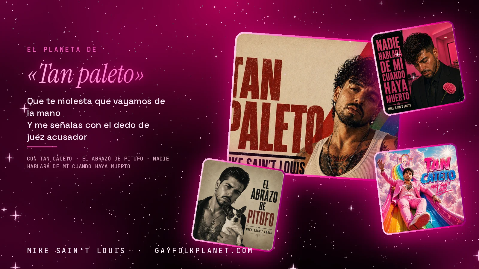 Collage con un detalle de la carátula de «Tan paleto» y las carátulas de «Tan Cateto», «El abrazo de Pitufo», «Nadie Hablará De Mí Cuando Haya Muerto»
