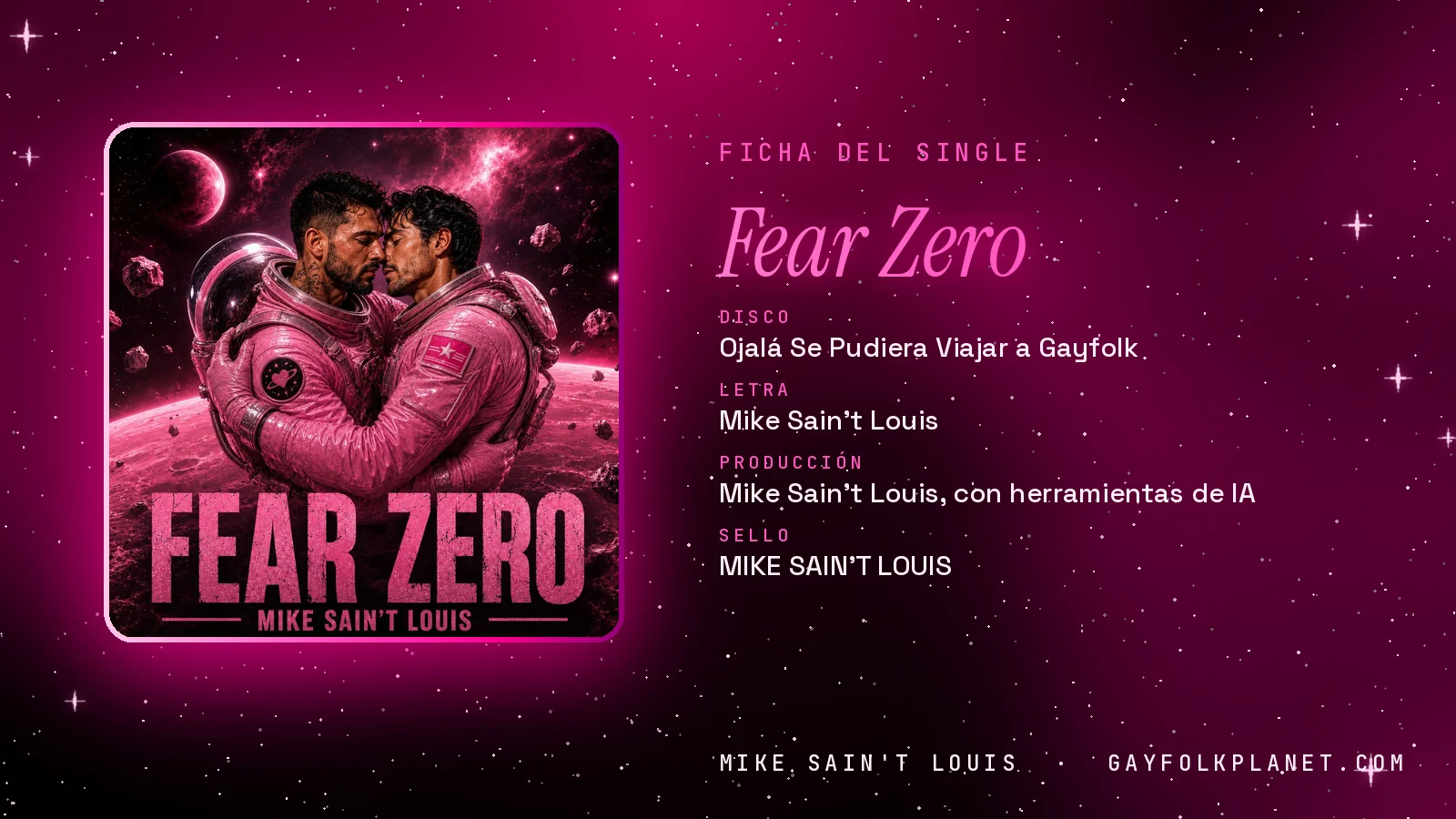 Ficha de la canción «Fear Zero» con su carátula: disco «Ojalá Se Pudiera Viajar a Gayfolk», letra y producción de Mike Sain't Louis