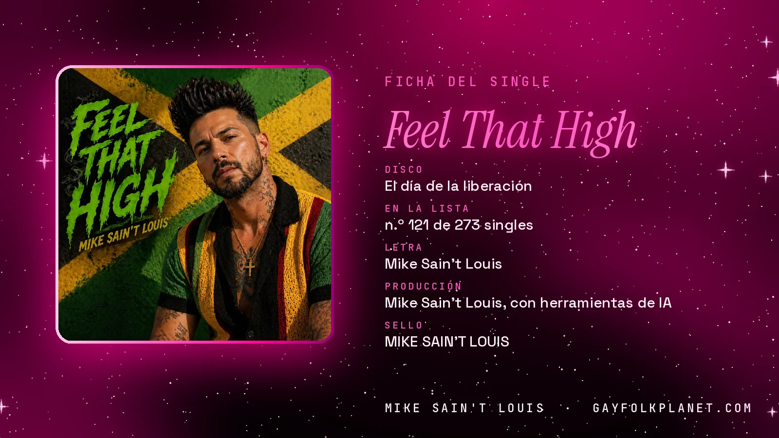 Ficha de la canción «Feel That High» con su carátula: disco «El día de la liberación», letra y producción de Mike Sain't Louis