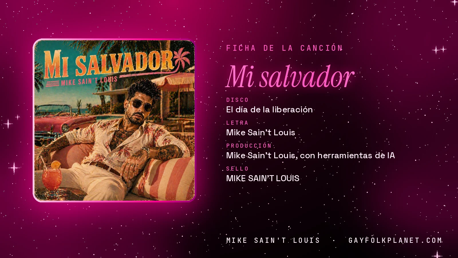 Ficha de «Mi salvador», del disco «El día de la liberación», con su carátula: un hombre con gafas de sol y camisa de flores recostado en una tumbona junto a un descapotable rosa