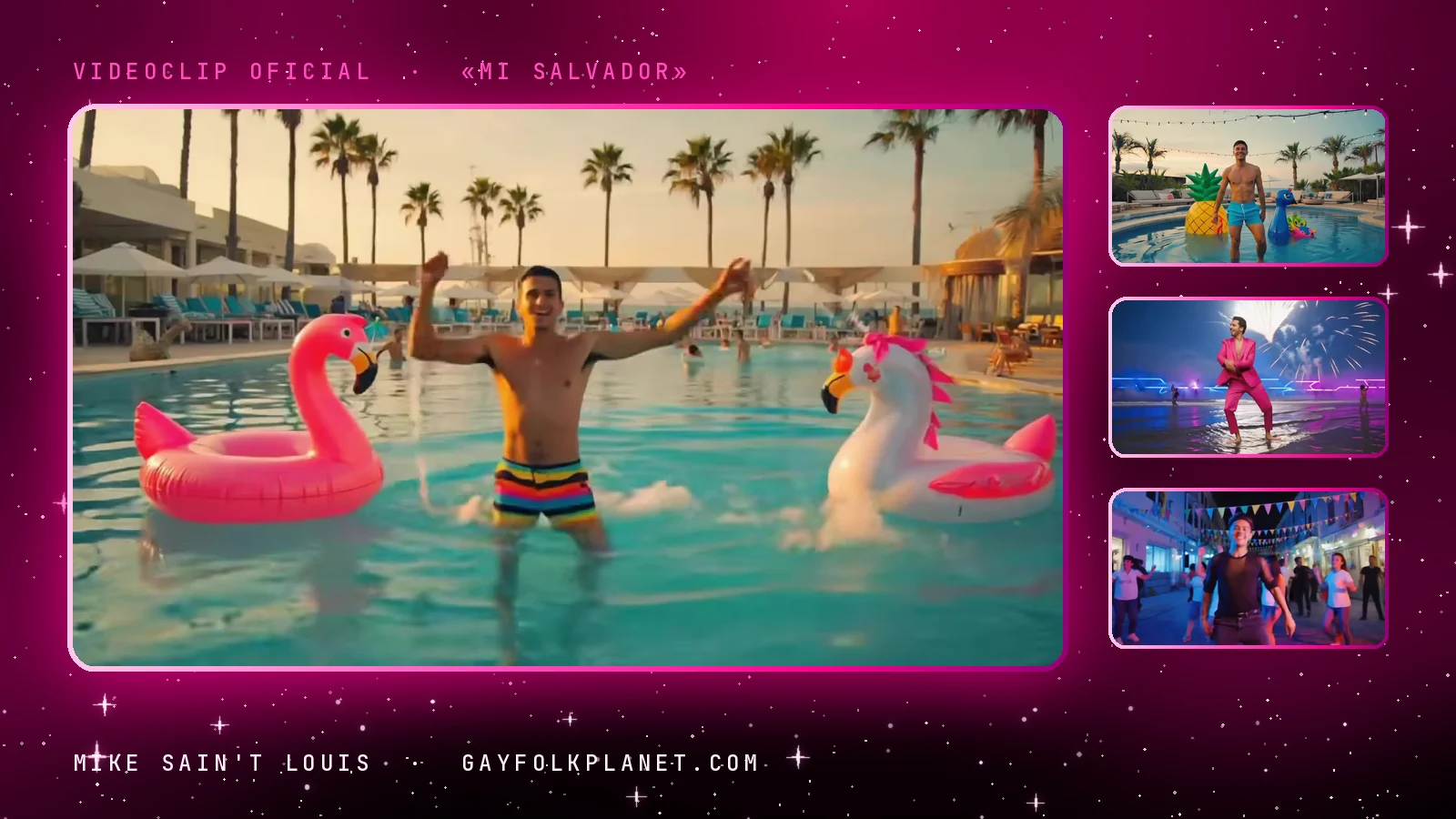 Fotogramas del videoclip de «Mi salvador»: un chico con bañador de rayas entre un flamenco y un unicornio hinchables en una piscina, una piña gigante, un traje fucsia en la orilla bajo fuegos artificiales y una calle con banderines llena de gente bailando