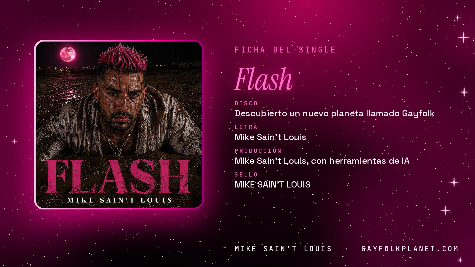 Ficha de la canción «Flash» con su carátula: disco «Descubierto un nuevo planeta llamado Gayfolk», letra y producción de Mike Sain't Louis