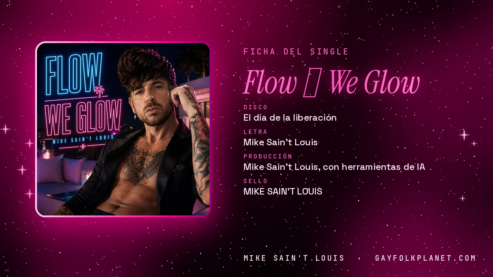 Ficha de la canción «Flow ⧸ We Glow» con su carátula: disco «El día de la liberación», letra y producción de Mike Sain't Louis