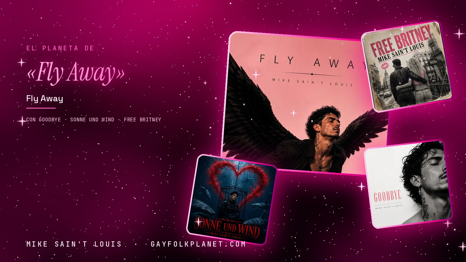 Collage con un detalle de la carátula de «Fly Away» y las carátulas de «Goodbye», «Sonne und Wind», «Free Britney»